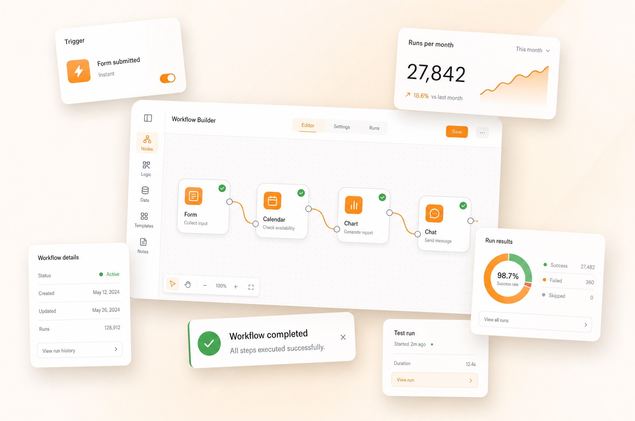 Illustrative workflow builder with connected steps and run statistics